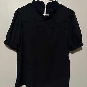 Black Ruffle-Neck Puff Sleeve Blouse